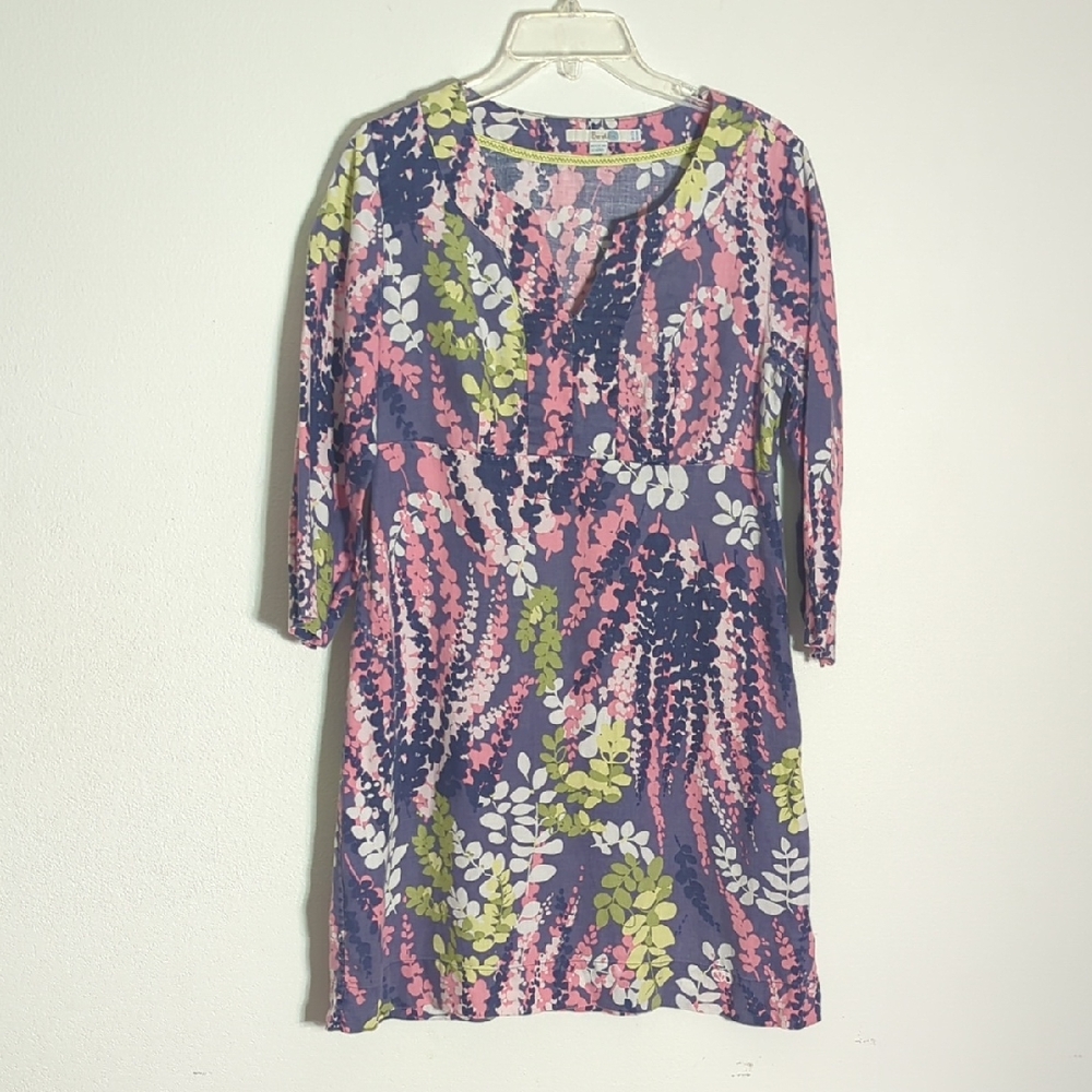 Boden Women's Dress 100% Linen Floral Print 3/4 Sleeves Shift Pastel Fern Size 8